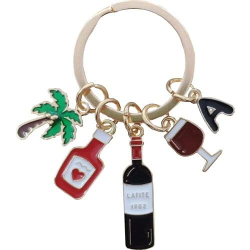A-Z Letters Luxury Enamel KC Gold Plated Red Wine Coconut Tree Keychain Key Ring Anniversary Present Women Lady Jewelry Gift