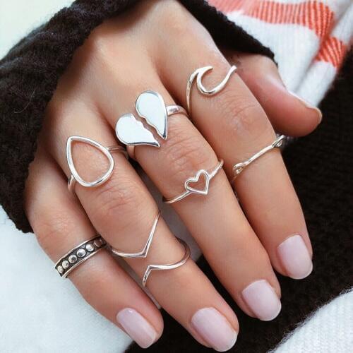 8pcs / lot Bohemia Silver Color Cat Ear Heart Wave Geometric Joint Ring Set Women Wedding Party Jewelry Accessories Wholesale