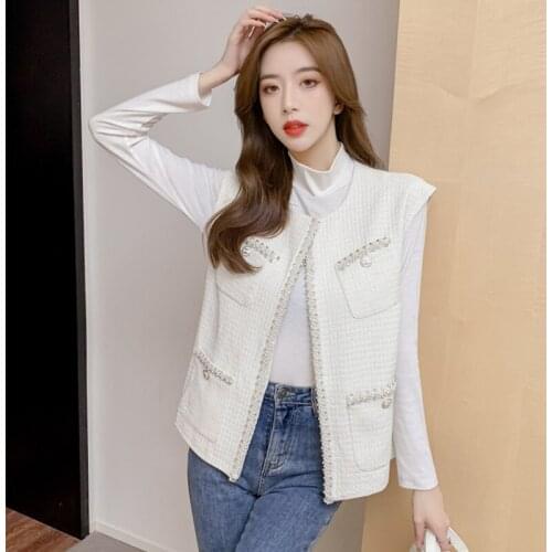 Womens Korean Fashion Vest Jacket 2021 Autumn New Sleeveless Loose Pearl Bright Diamond Sweet Cardigan Coat White&Black Top