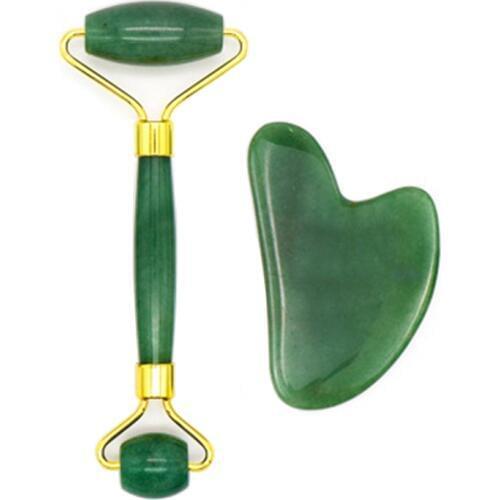 2 in 1 Green Roller and Gua Sha Tool Set by Natural Jade Stone Scraper Facial Massage Roller Face Lift Massager Crystal Roller