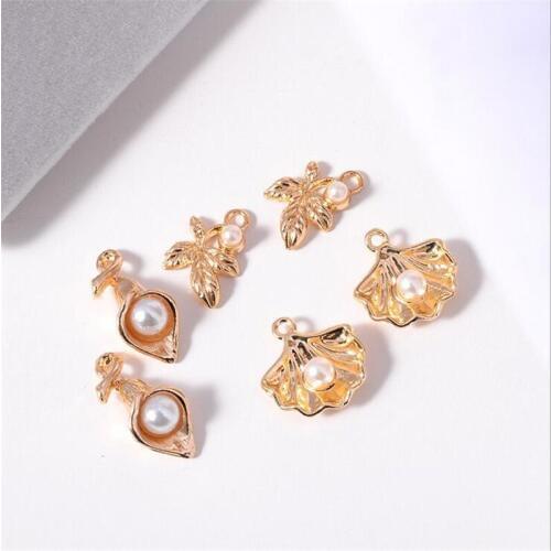 20pcs/lot New KC Gold Leaves Shell Pearl Charm Connectors For DIY Fashion Earrings accessories Pendant jewelry making findings