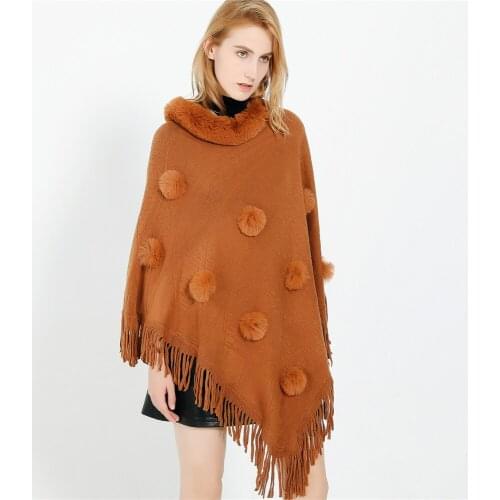6 Color 2020 Winter Faux Cashmere Fur Out Street Wear Women Capes Solid Poncho O Neck Tassel Fur Sweater Warm Ball Fur Pullover