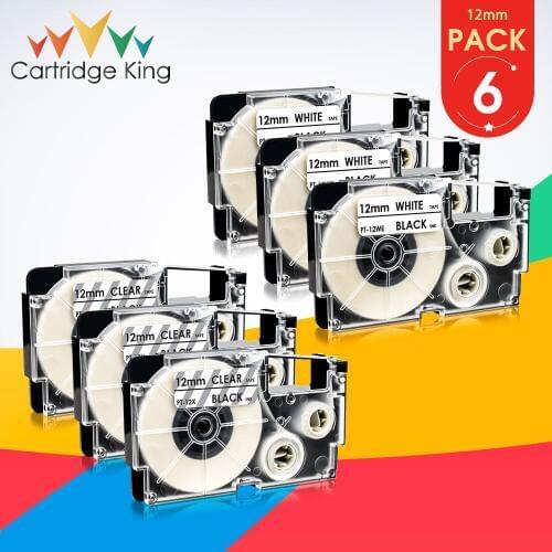 6PK Printer Ribbon for Casio XR-12X XR-12WE Black on White/Clear 12mm Label Tape for Casio KL-1500 KL-2000 KL-7000 KL-G2TC Print