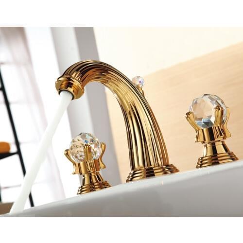 Free ship Gold clour 3 Pcs 8" widespread bathroom Lavatory Sink faucet Crystal handles Mixer tap deck mounted 3 Holes