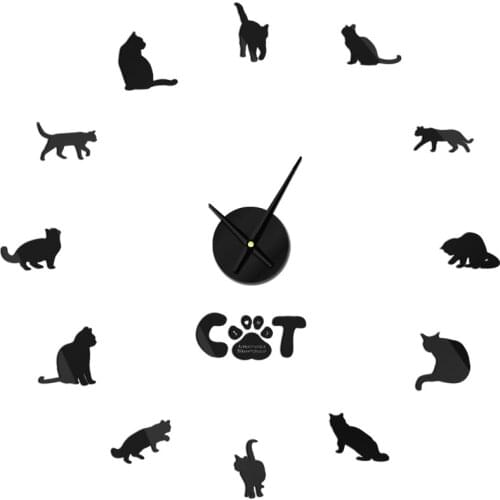 American Bobtail Shorthair Cat Frameless Watch Ash Kitty Cat Long Hands Wall Timelike Clock Animal-Lover Home Decor Silent Clock