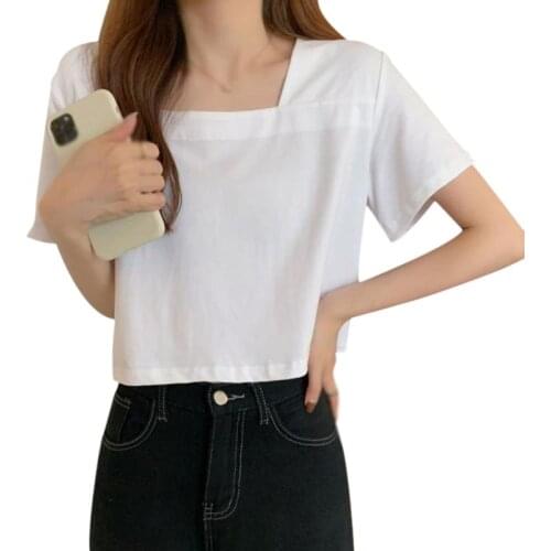 Super Fire Design Sense Square Neck Short-sleeved T-shirt Womens Summer Korean Style Niche Short High-waist Umbilical Loose Top