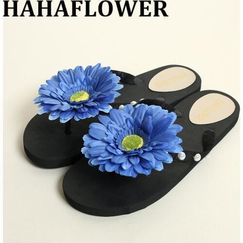 HAHAFLOWER woman shoes flat beach slippers shoes mules 2017 flower flip flops bohemia thong slippers floral sandals 35-44