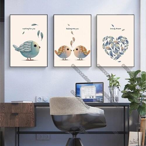 Nordic Style Canvas Painting Wall Poster Cartoon Cute Birds and Heart-Shaped Leaves Quotas Love and Dream for Home Rooms Decora