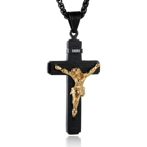 HZMAN Catholic Jesus Christ on INRI Cross Crucifix Gold Silver Tone Stainless Steel Pendant Necklace 22+2 Chain