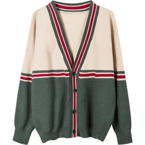 Abrini Women 2021 Fall Cardigan Women Patchwork Casual Loose Elastic Fashion Knitted Cardigan V-Neck Warm Sweaters Preppy Jacket