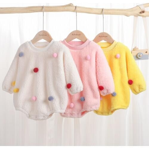 Sweet Baby Girls Romper Autumn Winter Fur Ball Warm Soft Round Neck Long Sleeve Bodysuit One Piece Suit for Toddler Kids