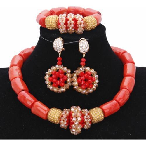 Jewellery Set 100 % Nature Original Coral Beads Jewelry Set Women Wedding Necklace Set Gold and Red Balls African Jewelry Set