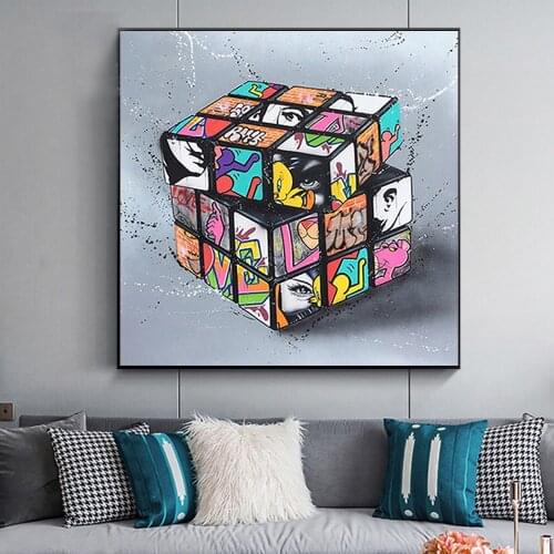 Colorful Magic Cube Graffiti Art Oil Painting Canvas Painting Wall Art Rubiks Cube Picture for Living Room Home Design Decor