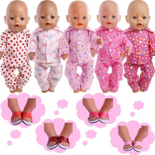 Doll Clothes Long-Sleeved Trousers Pajamas PU Slippers 2Pcs/Set For 18Inch American Bourne & 43Cm Born Baby Girl Birthday Gift
