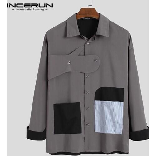 INCERUN Fashion Men Patchwork Shirt Lapel Streetwear Button Long Sleeve Personality Casual Shirts Chic Loose 2021 Chemise S-5XL