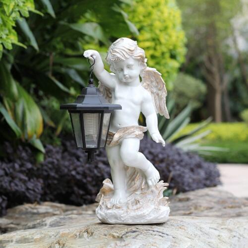 Outdoor Garden Courtyard Villa Landscape Decoration Decor Sculpture Angel Carrying Solar Lamp Glass Steel Yard Statue Dooryard