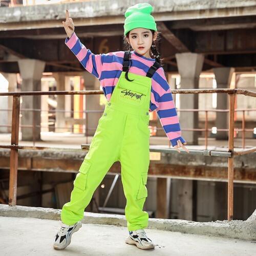 New Hip Hop Girl Clothing Children Street Boys Wear Stripe Top Green Overall Jazz Costume Kids Dance Performance Hiphop 1399