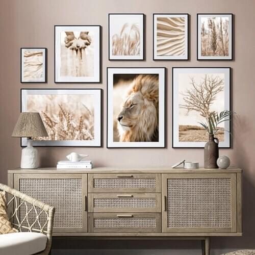 Lion Wheat Reed Tree River Bed Grains of Sand Nordic Poster Wall Art Print Canvas Painting Decoration Pictures For Living Room