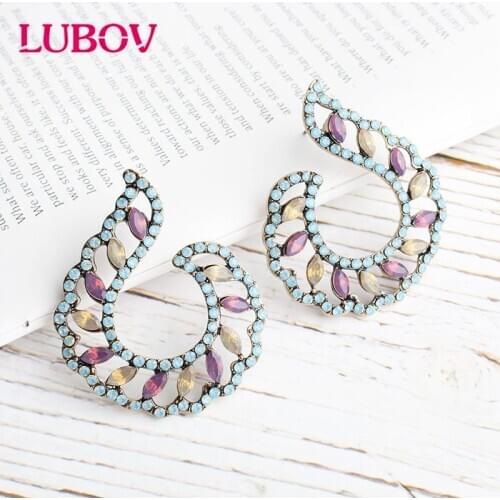LUBOV Opal Purple Women Leaves Shape Left and Right Symme Stud Earrings Rhinestone Gifts Wholesale Luxury Ear Accessories INS