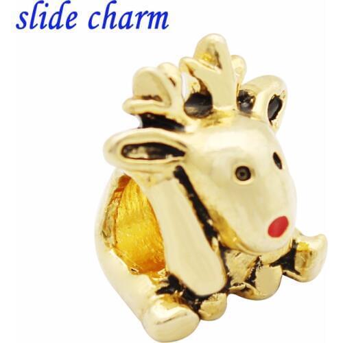Slide charm Free shipping Golden Christmas deer charm beads fit Pandora bracelet mother lover Christmas gift