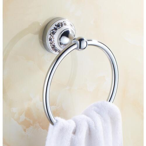 Blue and white porcelain style towel ring holder chrome, European Copper towel rack ring wall mounted, Brass towel ring bathroom