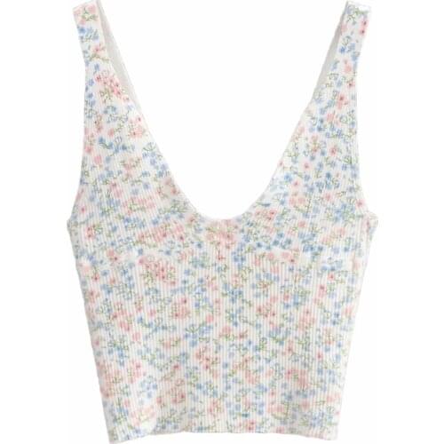 Women fashion floral print top v-neck straps knit top Female Casual Camis Slim Crop Tops 2021