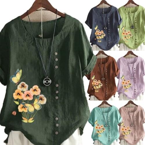 Womens New Fashion Summer Butterfly Flower Printed Round Neck Short Sleeve T-shirt Casual Loose Blouse Tops Plus Size