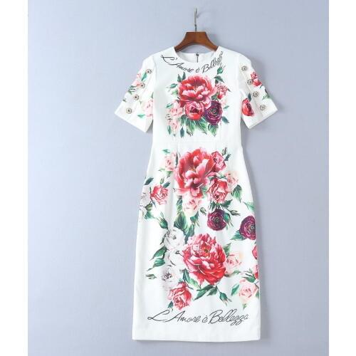 European womens wear 2018 The new spring With short sleeves Alphabet flower print studs temperament dress