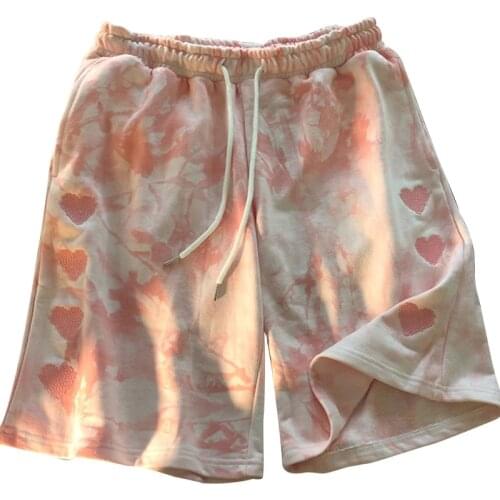 Womens Summer Drawstring Elastic Waist Long Shorts Harajuku Gradient Color Heart Embroidery Sports Loose Sweat Shorts