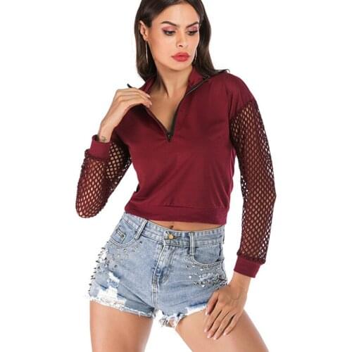 Womens Autumn Short Sweatshirt Solid Color Long Sleeve Hollow V-neck Zipper Sexy Sweatshirt Female Wn