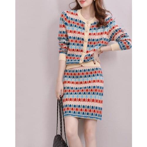 2021 Autumn Winter Knitting 2 Piece Set Women Long Sleeve Button Cardigan Top High Waist Slim Skirt Ladies Vintage Clothes Set