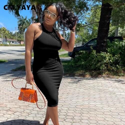 CM.YAYA Women Midi Dress Solid Sleeveless O-neck Strechy Long Dresses Sexy Fashion Streetwear Casual Vestidos Outfit Summer 2021