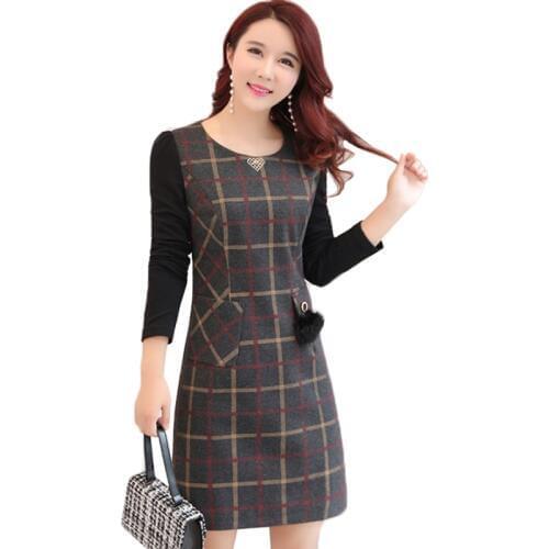 Female Woolen Dress 2019 Winter Fashion Plaid Plus Velvet Warm Slim Plus Size 4XL Sexy Bag Hip Women Dresses Elegant Vestidos 69