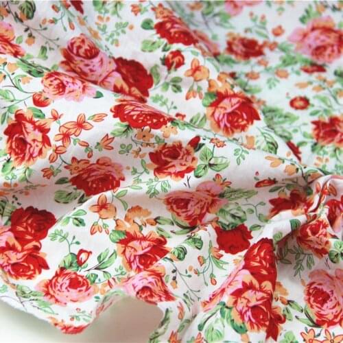 100% Cotton Poplin Fabric Pastoral Bright WHITE Red Orange Flower Green Leaves Floral for Summer Dress Shirt Blouse Quilt Craft