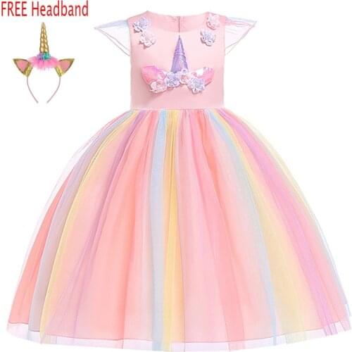 2021 Summer Girls Unicorn Dress With Headband Baby Kids Birthday Party Christmas Carnival Princess Costumes For Children 3-10Y
