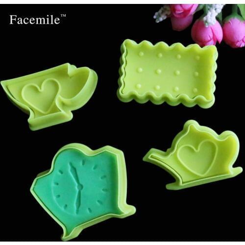 4PCS/SET Fondant Biscuit Stamp Afternoon Tea Time Cookie Cutter Plunger Cutter Pie Crust Mold Biscuit Bakeware Cake Tool 04029