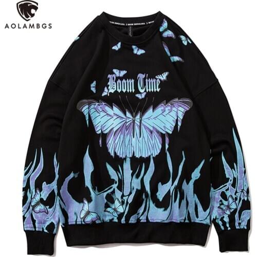 Aolamegs Sweatshirt Men Blue Flame Butterfly Print Hip Hop Pullover Men O-Neck Cozy Harajuku High Street Tops Streetwear Autumn