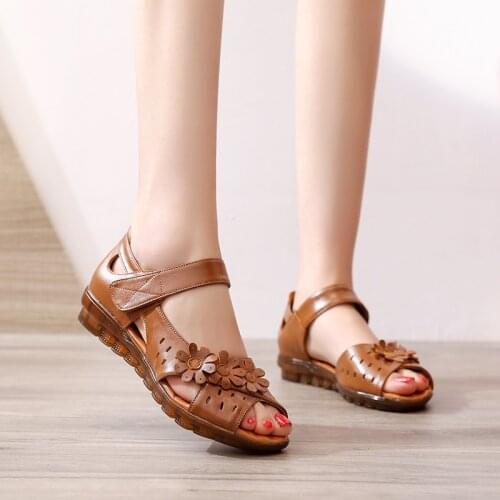 Genuine Leather Women Shoes Peep Toe Ladies Sandals Summer Shoes Women Soft Comfort Flat Sandals Casual Flat Shoes Woman