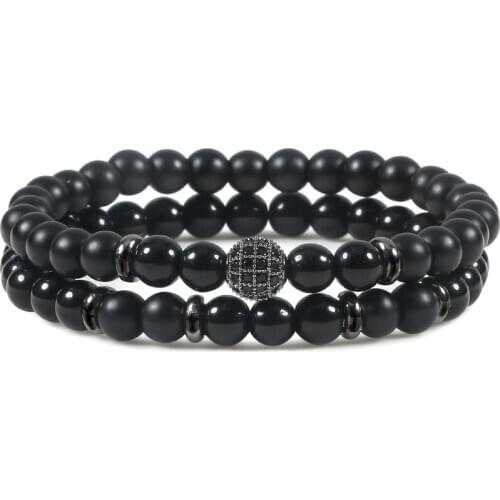 2pcs/set Couples Distance Bracelets Classic Natural Matte Onyx CZ Disco Ball Beaded Stone Bangle For WOmen Men Jewelry bileklik