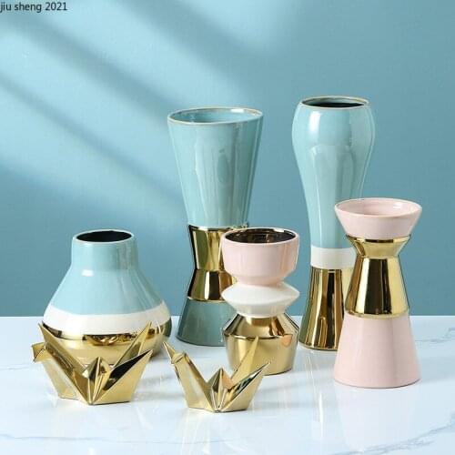 European Golden Ceramic Vase Electroplating Handicraft Flower Arrangement Creative Living Room Countertop Flower Vase Home Decor