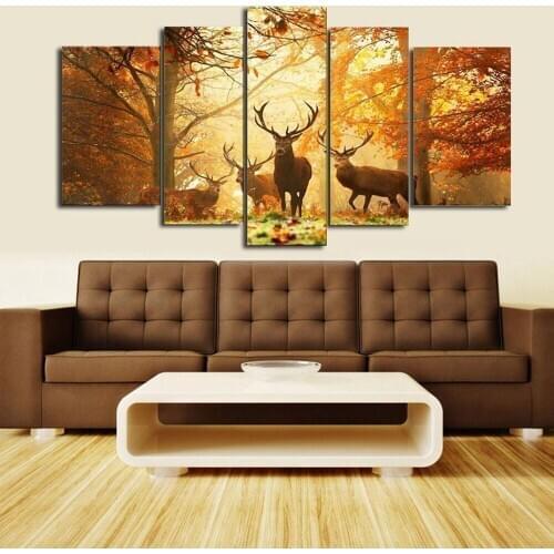 Canvas Painting 5 Panel Animal Deer Forest Modern Art Live Wall Decoration Pictures Landscape Painting Home Modern Decor