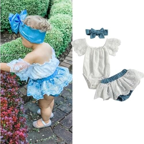 FOCUSNORM 0-18M Summer Princess Baby Girls Clothes Sets 3pcs Lace Floral Off Shoulder Romper Tops Shorts Headband