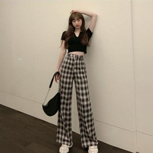 High waist plaid pants suit womens summer new cropped tops fashion sports leisure wide-leg pants two-piece suit y2k tops E-girl