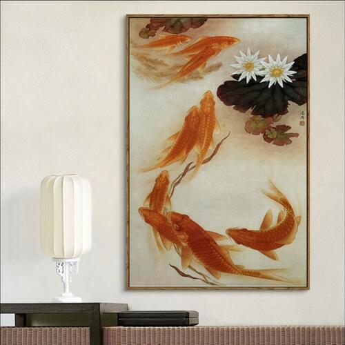 Red cyprinoid fish oil painting of Chinese style modern fashion HD print oil painting on canvas murals porch corridor decoration