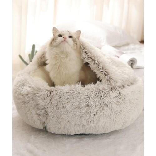 Pet Dog Cat Bed Round Plush Cat Warm Bed House Semi-enclosed Plush Bed For Small Dogs For Cats Nest 2 In 1 Cat Bed Cushion