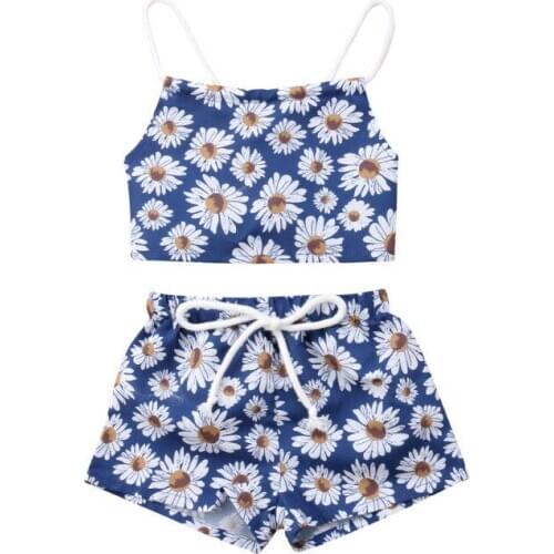 0-24M Summer Baby Girls Floral Sunflower Bodysuit Kids Blue Jumpsuit Headband Vest+Short Pants Newborn 2Pcs Set