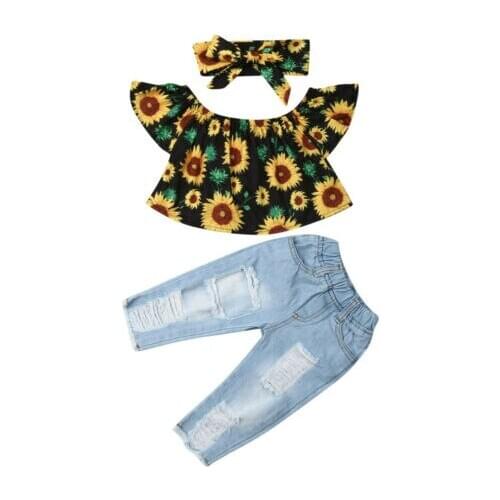 Toddler girl summer clothes Toddler Kids Baby Girl Summer Clothes Sunflower Tops+Ripped Denim Pants 2pcs Outfits