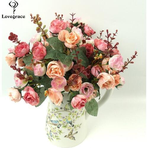 Lovegrace Artificial Silk Flower 21 Heads Retro Rose DIY Bridal Bouquet Burgundy Flowers Home Party Room Wedding Decor Fake Rose