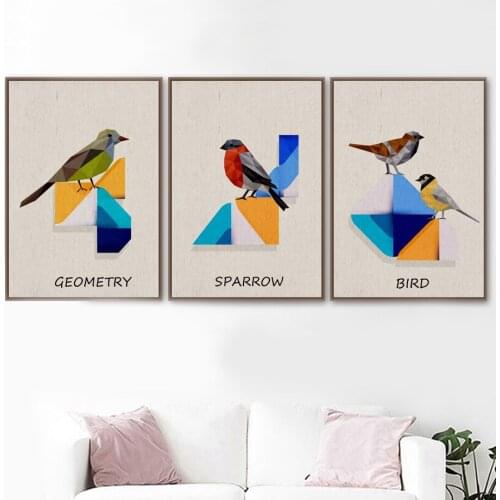 Sparrow Bird Mural Canvas Painting Nordic Cartoon Geometric Graphic Posters and Prints Art Pictures Home Decoration Living Room