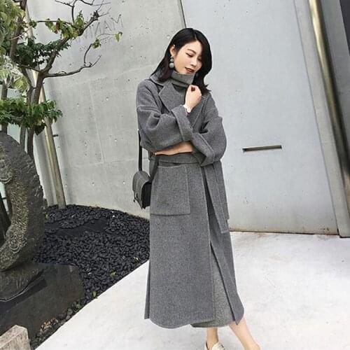 Woolen Coat Womens Mid-Length Autumn Winter 2021 New Black Thickened Explosive Cashmere Woolen Coat Female With Belt Split Fork
